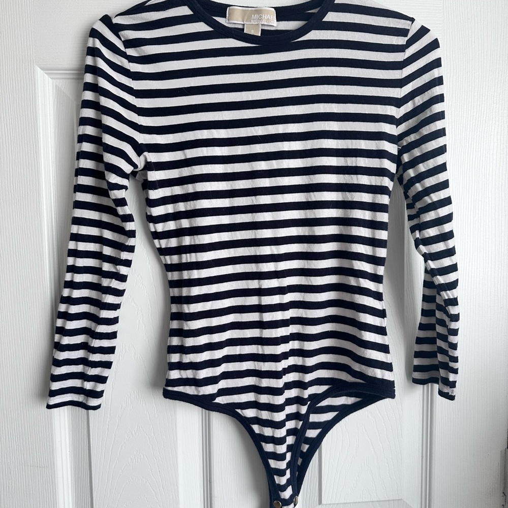 Michael Kors Navy and White Striped Body Suit Top